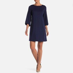 Lafayette 148 Sidra Dress L Navy Emory Cloth Bell Sleeve Quiet Luxury Ret $448